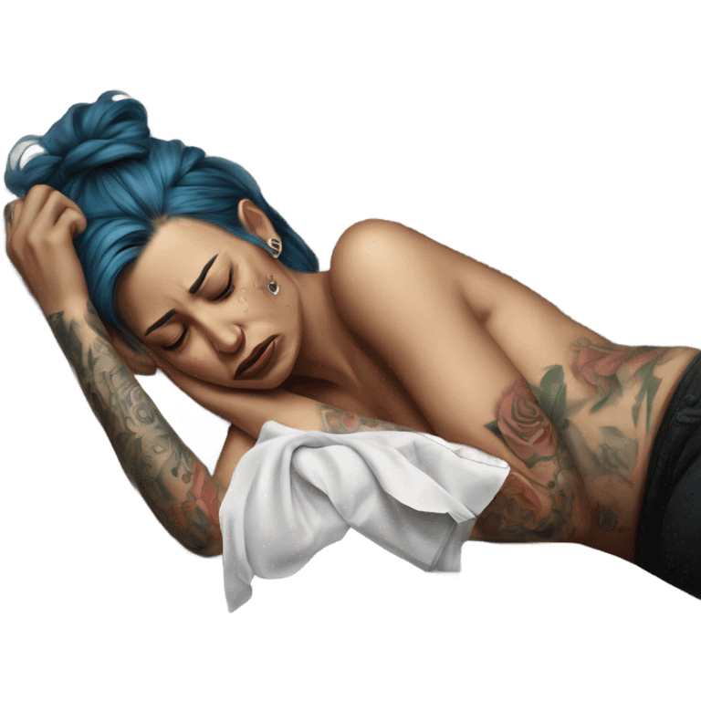 Hyper Realistic Beautiful tattooed woman crying holding a tissue lying on her bed emoji