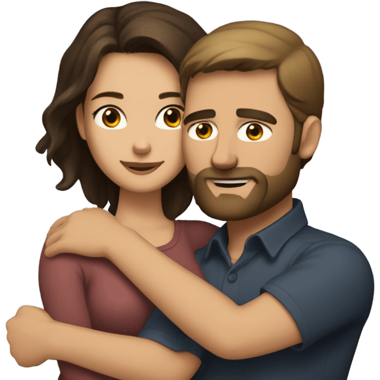 Dark brown haired white man with brown beard hugging beautiful woman with medium tan skin and short shoulder length dark brown hair  emoji