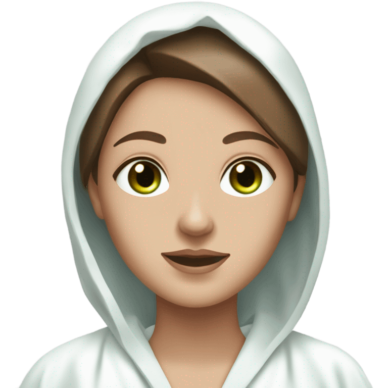 White girl with Brown hair and blue eyes wears a Green colored clay mask and puts on cucumbers around her eyes while She relaxes in her white Robe emoji