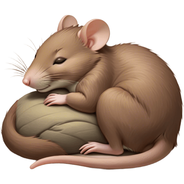 Meme-Worthy Cute Sleeping Brown Rat Portrait Emoji, Head resting peacefully with a contented smile, showcasing a compact, nimble build and a luxuriously soft brown coat, eyes gently closed in serene, restful slumber, Simplified yet hilariously adorable features, highly detailed, glowing with a soft, drowsy light, high shine, relaxed and utterly lovable, stylized with an air of playful laziness, soft glowing outline, capturing the essence of a sleeping rat that feels destined to become the next viral sensation of adorable urban rest! emoji