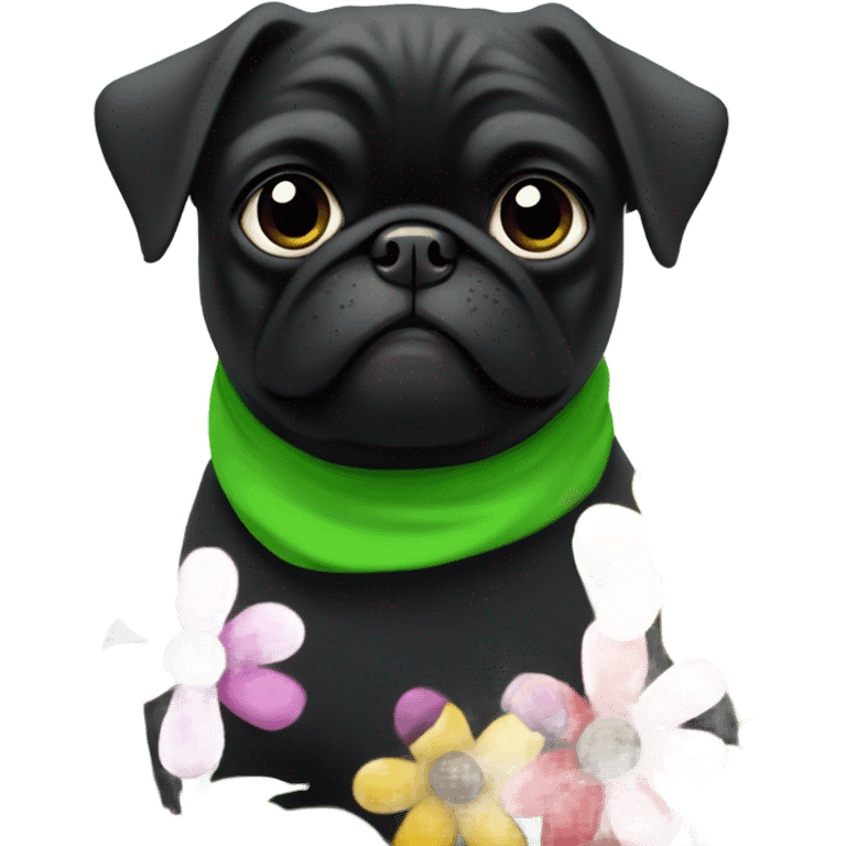 Black pug , surrounded by flowers, holding a green sign that says “good luck”  emoji