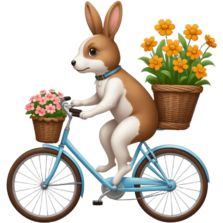 Dog in a flower basket of a bike wich is cycling of a rabbit emoji