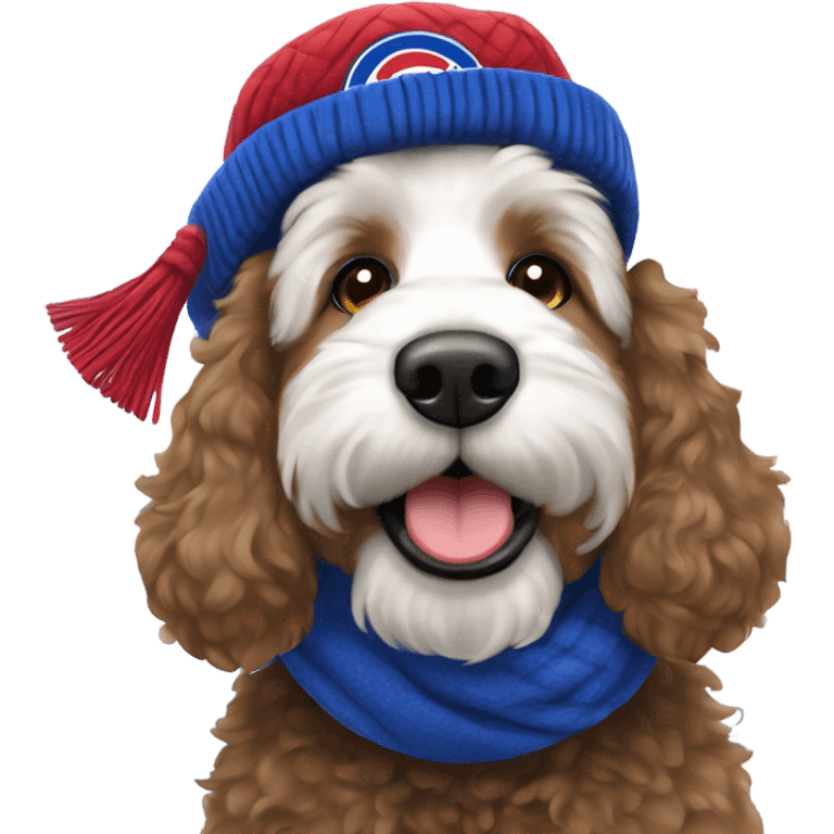 Bernedoodle with chicago cubs hat and scarf emoji