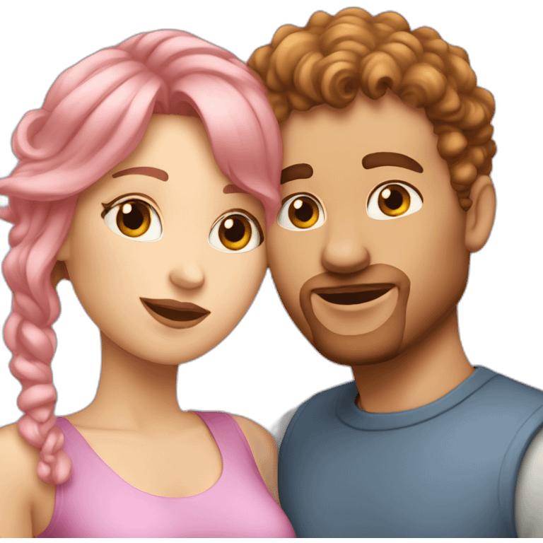 white woman with pink straight hair kissing with a white man with curly brown hair emoji