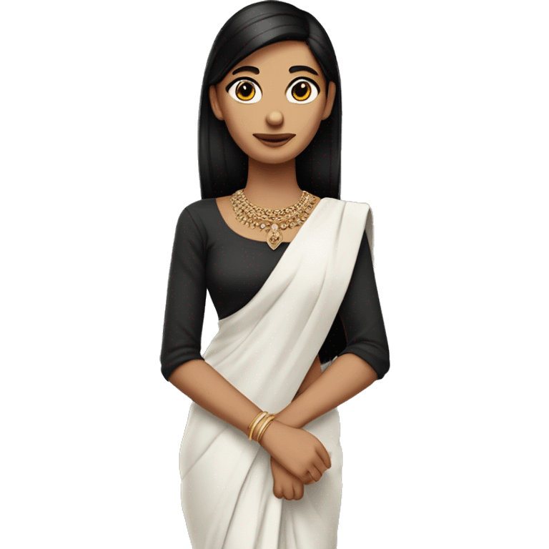 hair straight, black hair, white face colour, slender face, wearing a trendy saree and accessories, full body, sharp jawline, edgy emoji