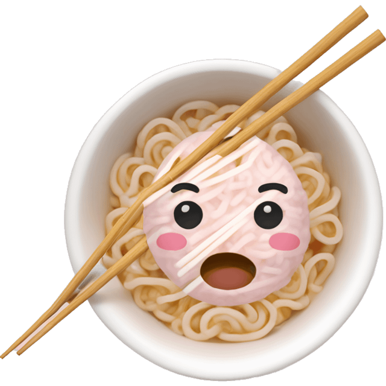 cute powder pink/white tone bowl with ramen noodles and chop sticks emoji