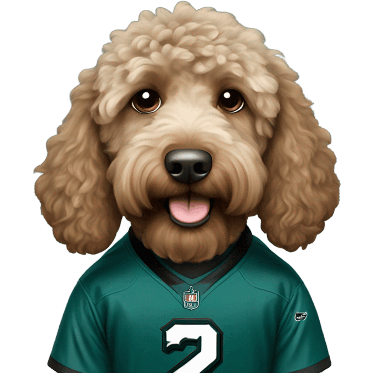 Light Brown Labradoodle wearing a Philadelphia eagles jersey emoji