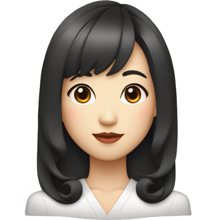 asian lady with a rectangular face shape, round nose, korean bangs and long curls emoji