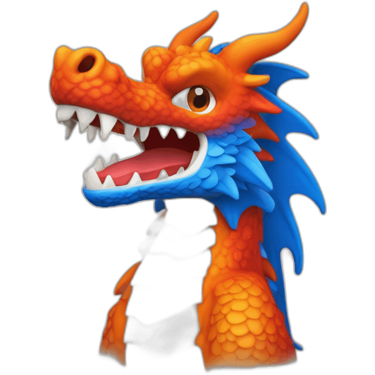 Un dragon mi loup de couleur rouge, bleu, blanc et orange moutardes. Il a des corne de bélier orange moutard. Il qui crache du feux emoji