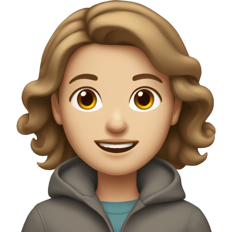 Brown-haired white girl smiling, wearing a grey coat emoji