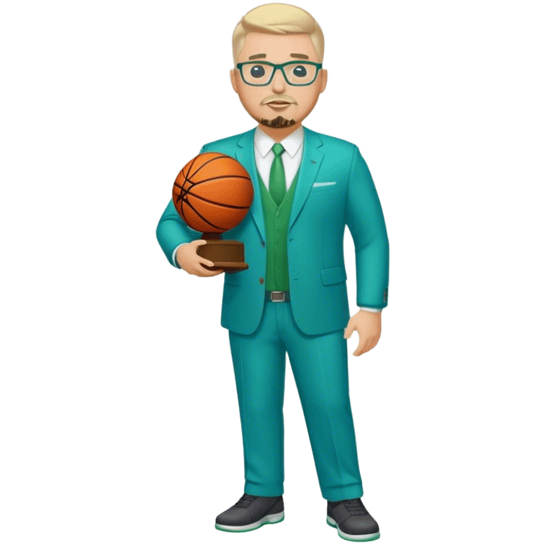 Full Body white male plus size body type  wearing glasses with a goatee with light blonde gray very short hair basketball head Coach in blue and green suit holding trophy emoji