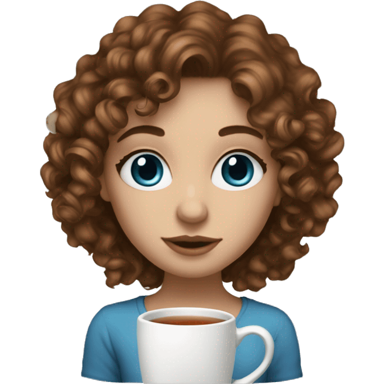 white skin girl brown curly hair blue eyes sipping tea from mug emoji