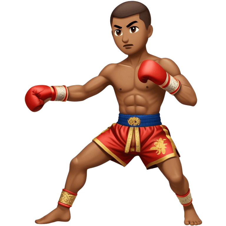 Cinematic Realistic Traditional Muay Thai Emoji, depicted as an intense dynamic martial arts scene featuring a fighter in traditional Muay Thai stance and attire, rendered with rich textures and energetic dramatic lighting that captures the sport's raw power. emoji