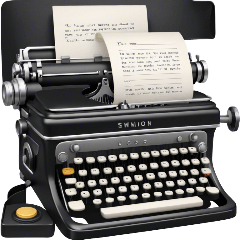 Create an emoji representing screenwriting. The design should feature an open script with visible dialogue and action lines, symbolizing the writing of a screenplay. Include a classic typewriter to signify the process of creating a script and a movie camera behind . Use a professional color palette with black, white, and subtle metallic tones. Do not include any emojis or smiley faces. Make the background transparent. emoji