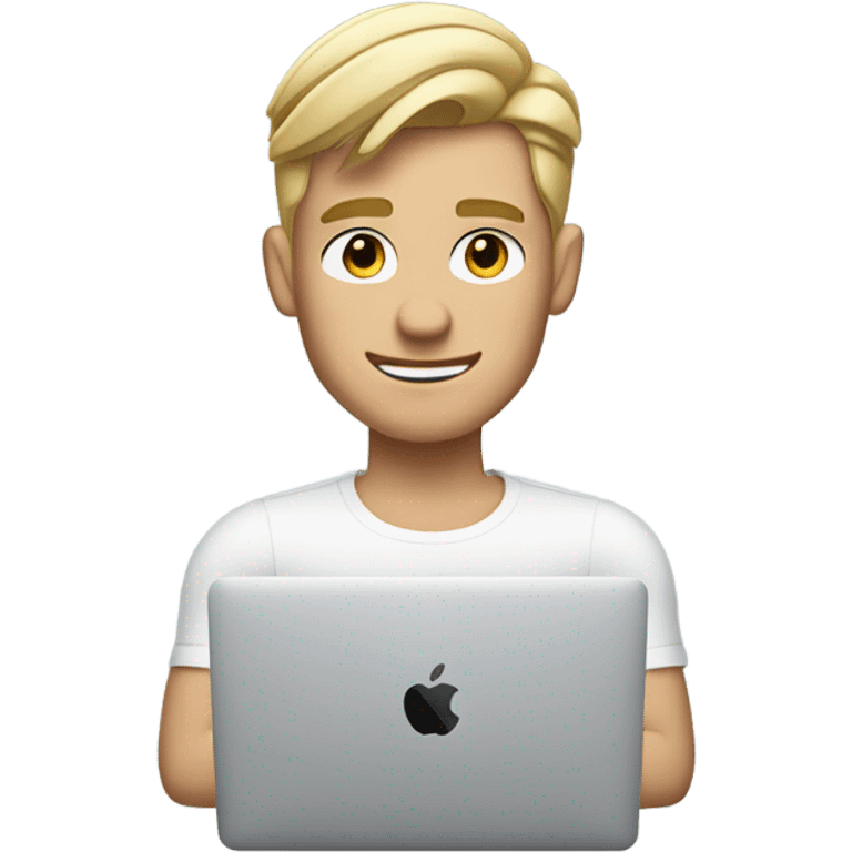 Emoji of a stylish blonde-haired man with a modern haircut, using a MacBook and wearing AirPods. Apple-style, clean design, confident expression. emoji