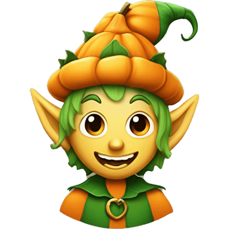 Elf with a pumpkin head, carved smile face on the pumpkin, leaves in hair, Halloween theme, emoji emoji