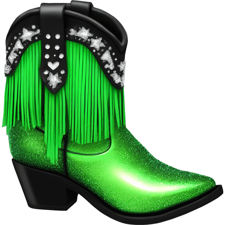 Realistic neon green to black ombre pair of fashion cowgirl boots with sparkly shiny glitter fringe on them. emoji