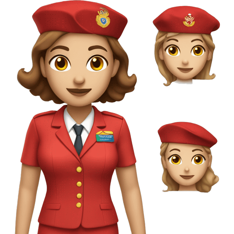 A white stewardess with brown hair in a red uniform and a red beret with brown eyes emoji