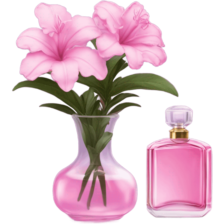 Aesthetic ensemble of soft pink azaleas alongside a charming vintage purple perfume bottle.
 emoji