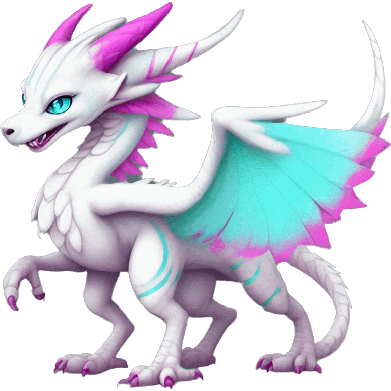 White elegant beautiful natural cute badass epic anthro modern albino Dutch Angel Dragon-vernid-Fakémon with cyan mane and magenta eyes with cyan edgy stripes, anthropomorphic, two-legged, digitigrade, full body emoji