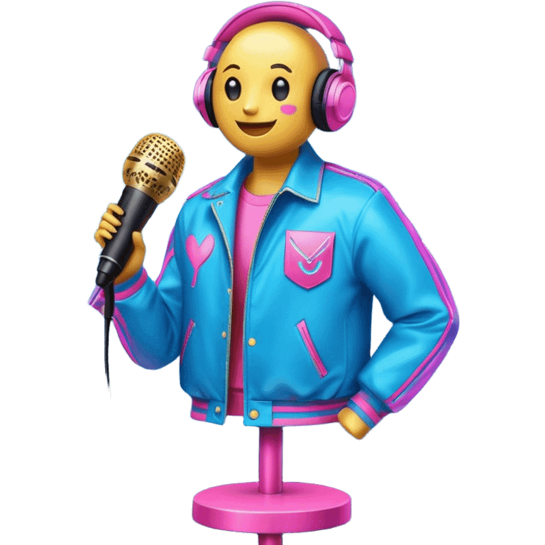 Create a vibrant and energetic emoji that represents pop or stage vocal performance without human figures. The design should feature a microphone on a stand, musical notes, and an illuminated stage with a spotlight to symbolize the live performance aspect. Add a stylish stage costume (e.g., a glittering jacket or sequined outfit) hanging on a hanger, to evoke the glamour of pop singing. Include elements like studio headphones, a music mixer, or a soundboard to reflect the technical side of the performance. Use bright colors like neon pink, electric blue, and gold to convey energy and creativity. The background should be transparent. emoji