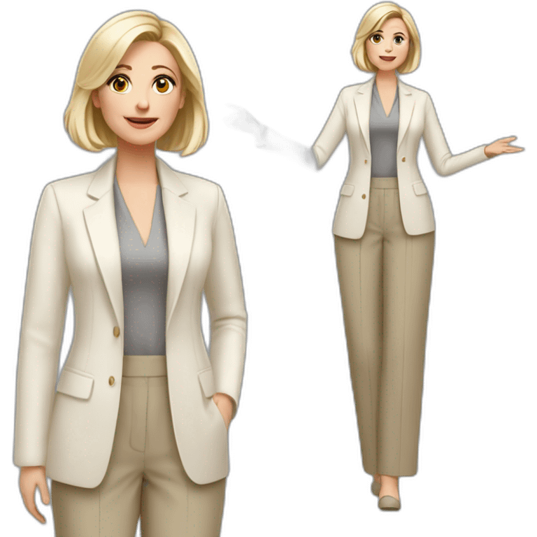 Full height Actively gesturing with hands pale skin woman with ash blonde Straightened bob Hair, White Spacious classical jacket, beige palazzo Arrow pants and gray blouse emoji