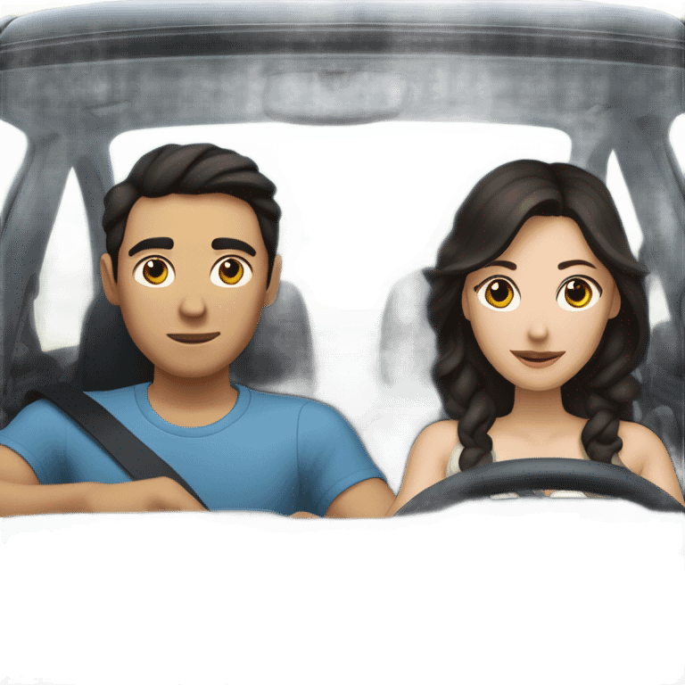 A pale half Asian man with short dark hair and white woman with long wavy brunette hair driving together emoji