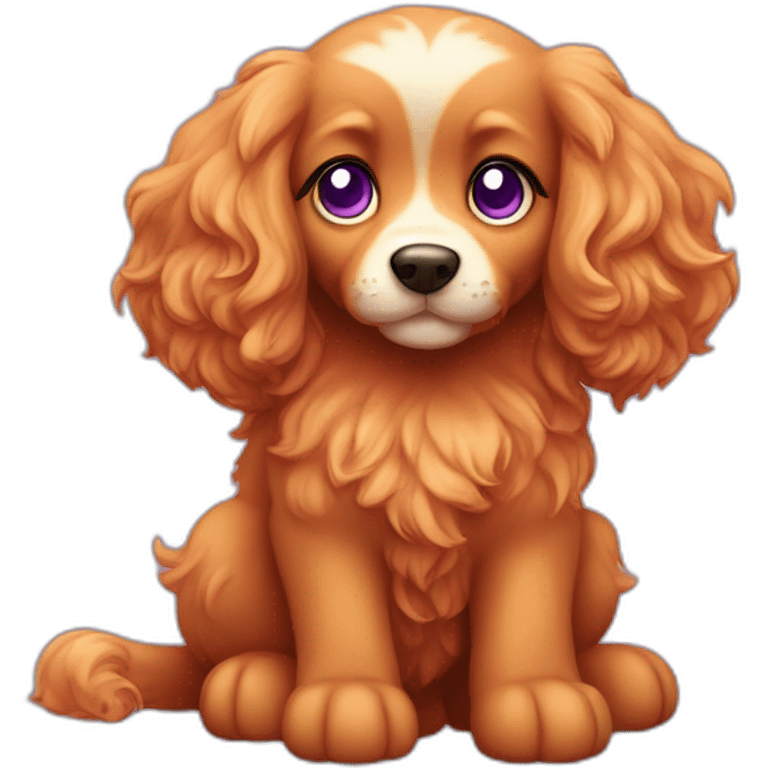 A bright-red puppy with long fur, floppy ears, a curly tail and purple eyes emoji