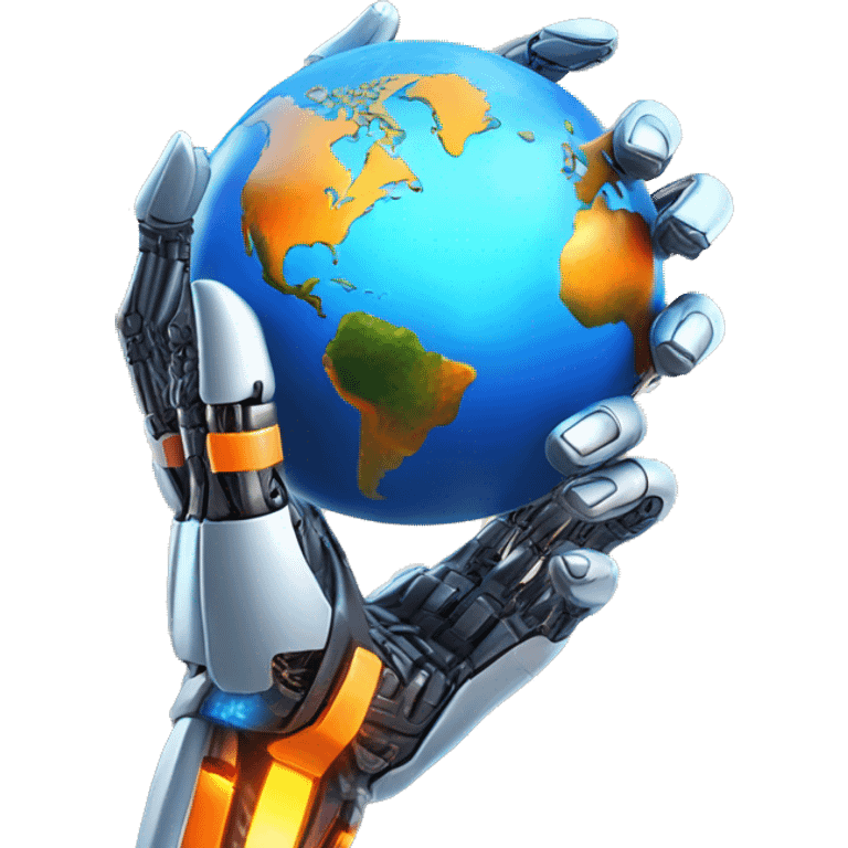 "Earth held by a futuristic robotic hand, glowing with blue and orange digital lines, with a high-tech and futuristic atmosphere." emoji