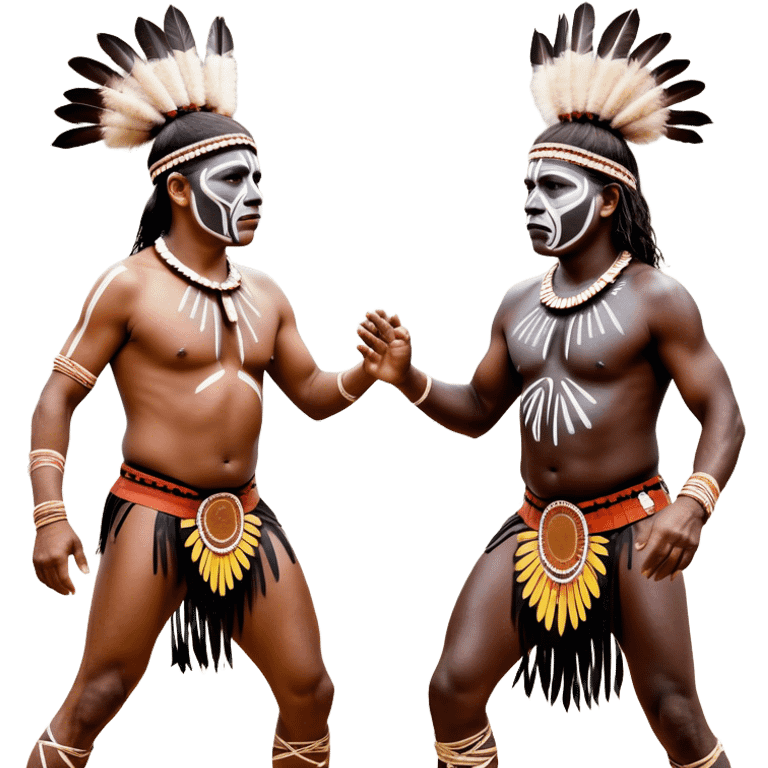 Cinematic Realistic scene of two indigenous male aboriginals performing an Aboriginal Corroboree, adorned in traditional body paint, A corroboree is an Australian Aboriginal ceremonial meeting. It usually includes celebration of Aboriginal mythology and spirituality, which is based in the Dreaming emoji