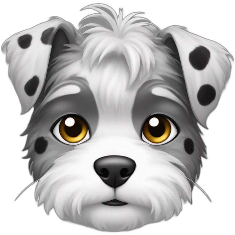 Half of the head and body of a white fluffy cat with black spots and attached to it the head and body of half of a Schnauzer dog are gray emoji