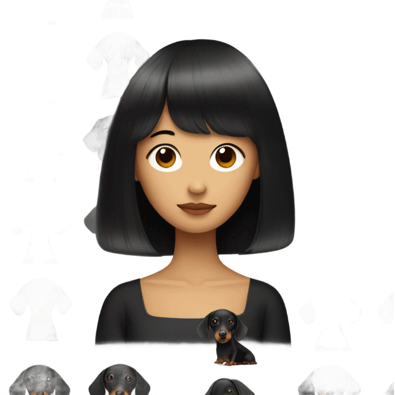 Asian woman with black neat bangs hugging black dachshund emoji