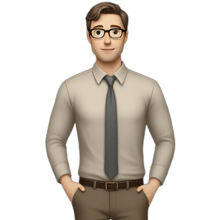 Full height Pale skinned fit man with dark brown hair in gray jacket, beige office shirt, brown tie, brown pants and vintage glasses. His right hand stretched out emoji