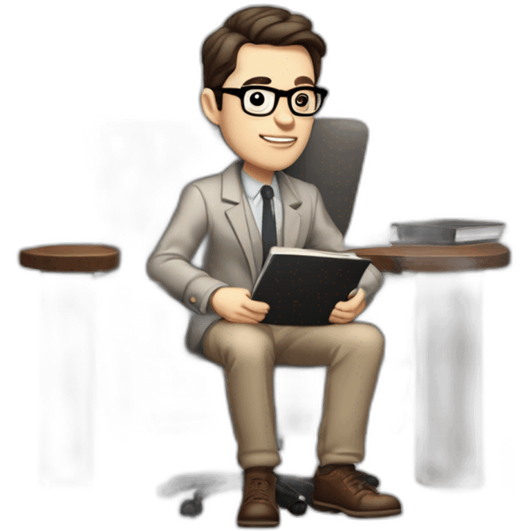 Pale skinned Fit Man With dark brown hair in gray jacket, beige office shirt, Brown pants and vintage glasses sitting In a soft chair with a notebook with emblem Ψ and a pen in his hands emoji