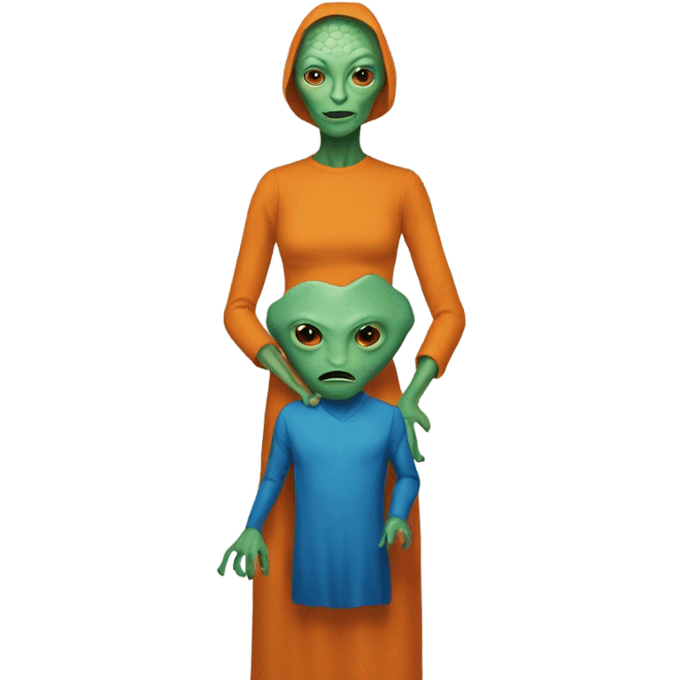 A reptilian alien woman in orange dress and human man in blue dress emoji