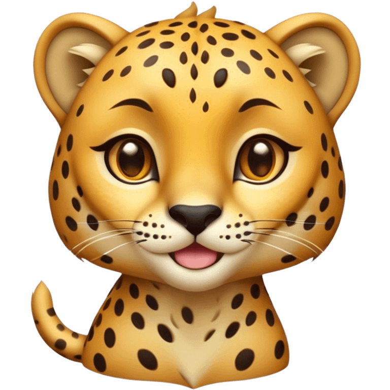 Cinematic Cute Cheetah Portrait Emoji, Head tilted playfully and inquisitively, featuring a glossy, golden spotted Fur with a natural sheen, round, sparkling amber eyes filled with curious mischief, Simplified yet irresistibly adorable features, highly detailed, glowing with a warm, friendly glow, high shine, affectionate and agile, stylized with a touch of savannah whimsy, bright and endearing, soft glowing outline, capturing the essence of a mischievous yet loving cheetah, so playful it feels like it could dash out of the screen and into your arms! emoji