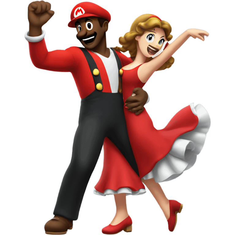 Black man wearing giant Mario costume dancing with brunette woman  emoji