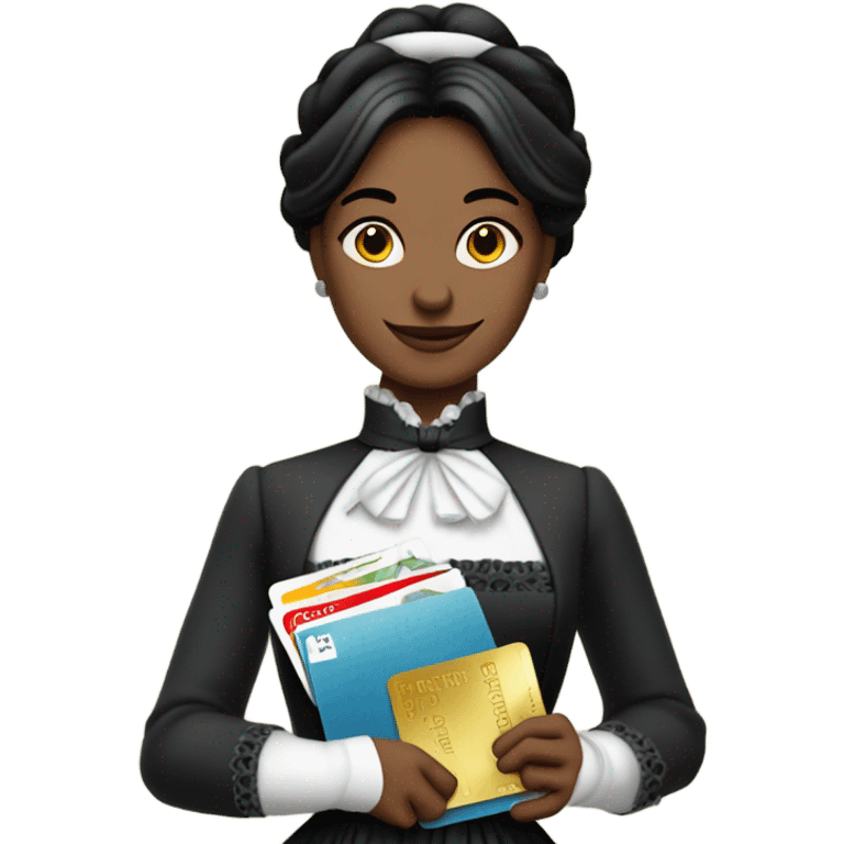 galora waitress galora in Victorian dress elegant, full body, holding big credit card emoji