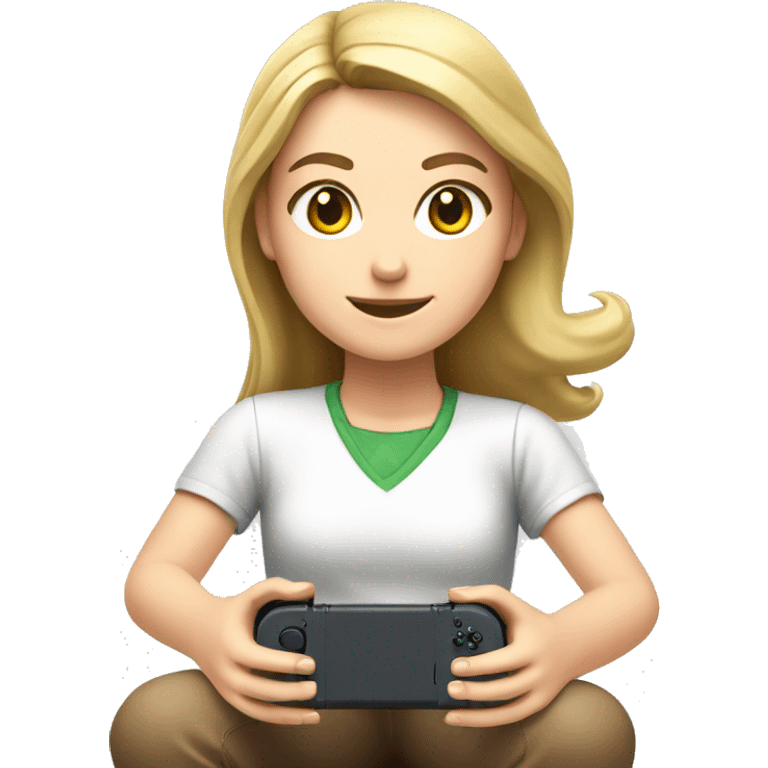 A white girl is sitting and playing a Nintendo Switch emoji