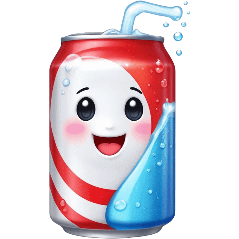 Cute Kawaii Soda Can, bubbly and vibrant, bright red and blue stripes, playful fizz popping around, a chubby happy face with wide sparkling eyes, energetic and refreshing! emoji