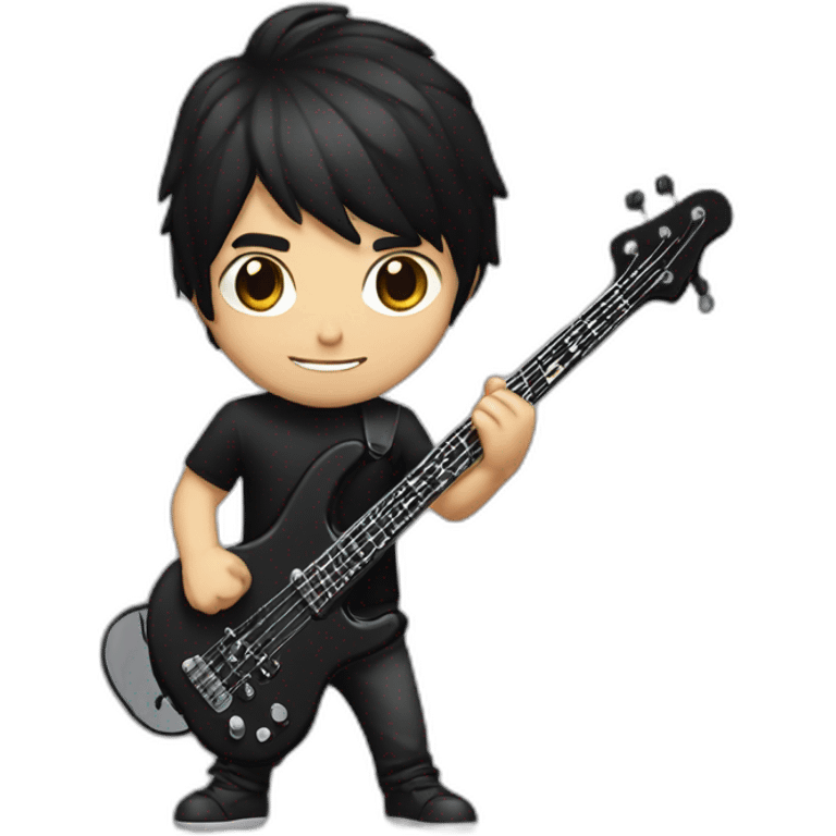 Christian Meier, very strong, short black hair, wearing a black shirt, playing electric bass emoji