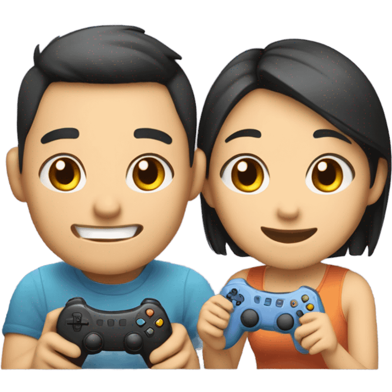 Cute asian couple excitedly playing video games emoji