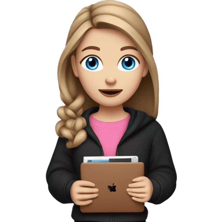 caucasian white IT girl student, holding pink laptop, blue eyes, brown hair ponytail wearing a thick black sweater emoji