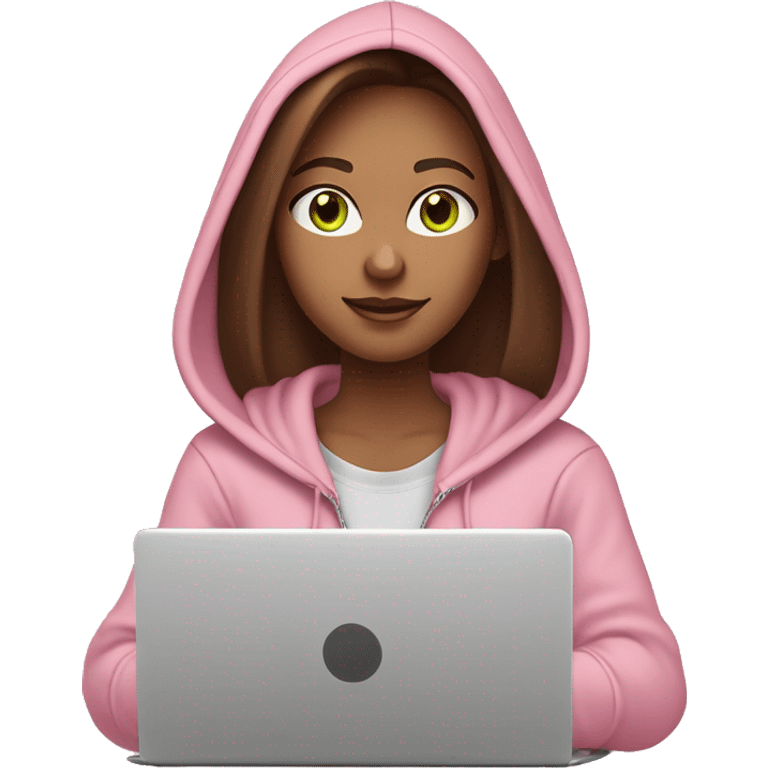 a girl with brown long hair, fair skin, green eyes, is working relaxed at a modern laptop in a monochrome pale pink zip hoodie with a hood and a pink monochrome T-shirt emoji