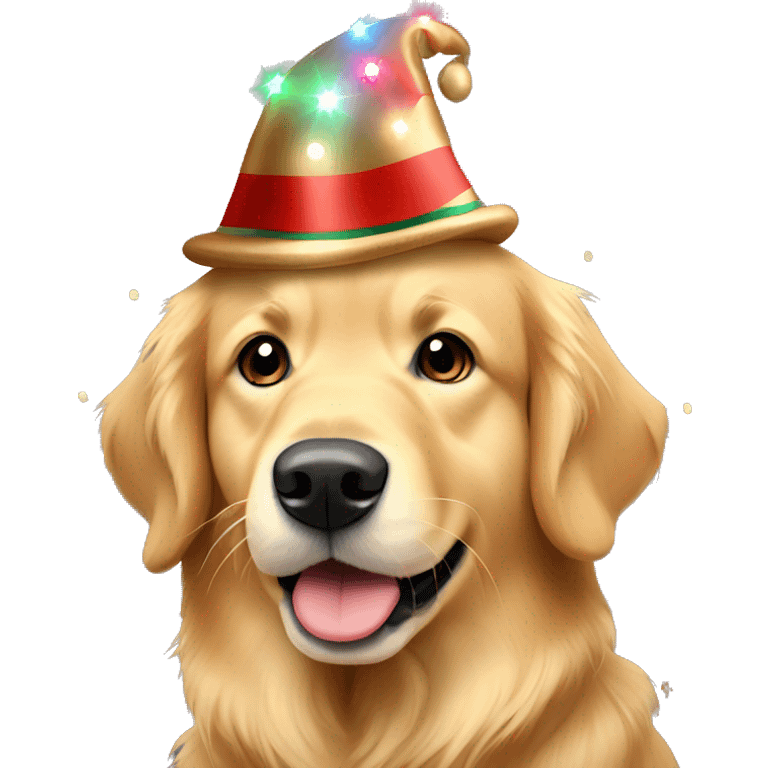 Golden retriever with Christmas lights and hat emoji