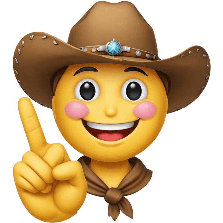 smiley face emoji wearing a cowboy hat performing the finger guns gesture emoji