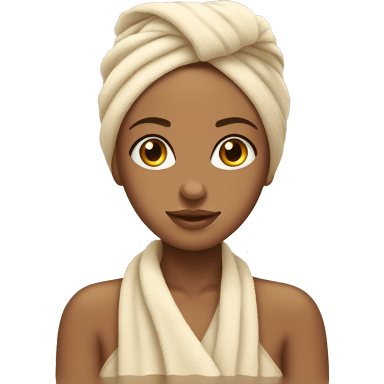 tan girl wearing a towel over her hair after shower pretty emoji