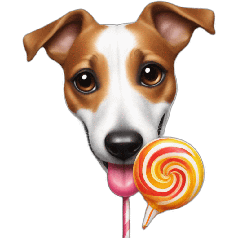 A jack russell licking a giant lolipop emoji