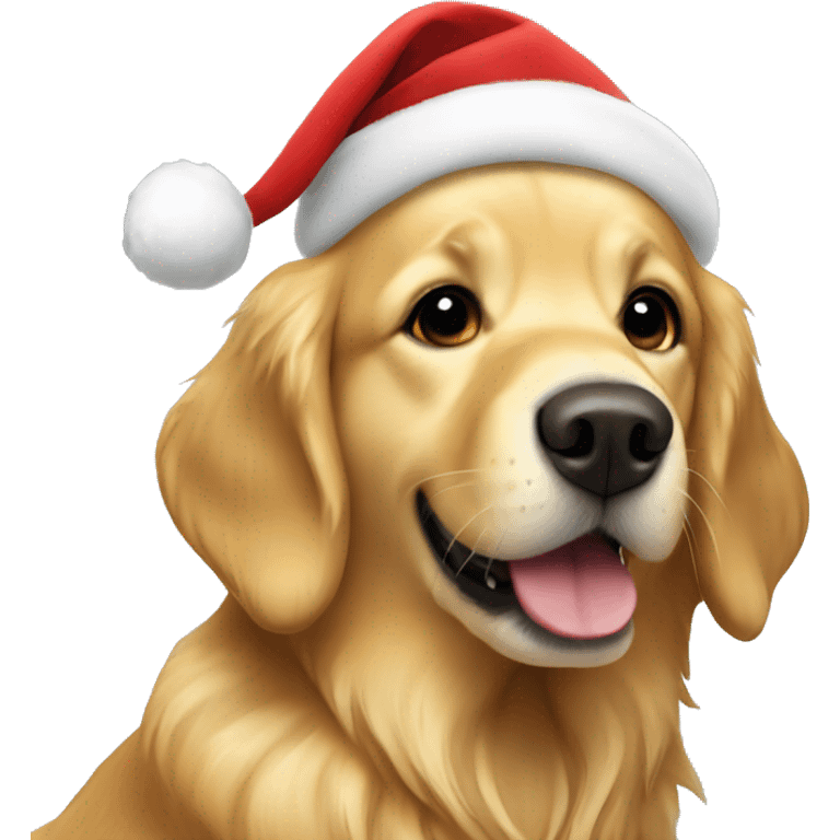 Golden retriever with a Santa hat emoji