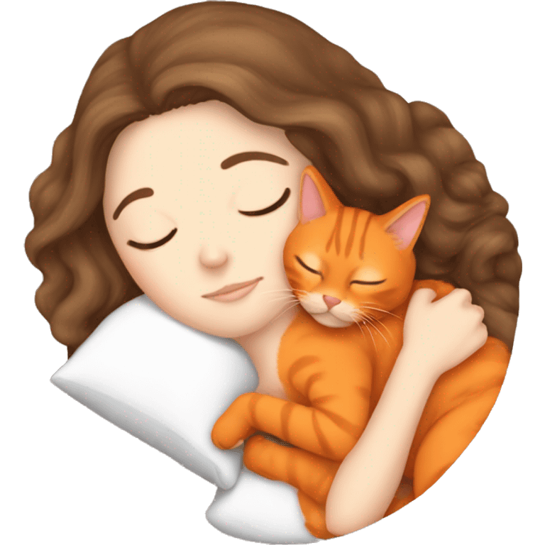 White girl brown hair sleeping with orange kitty emoji